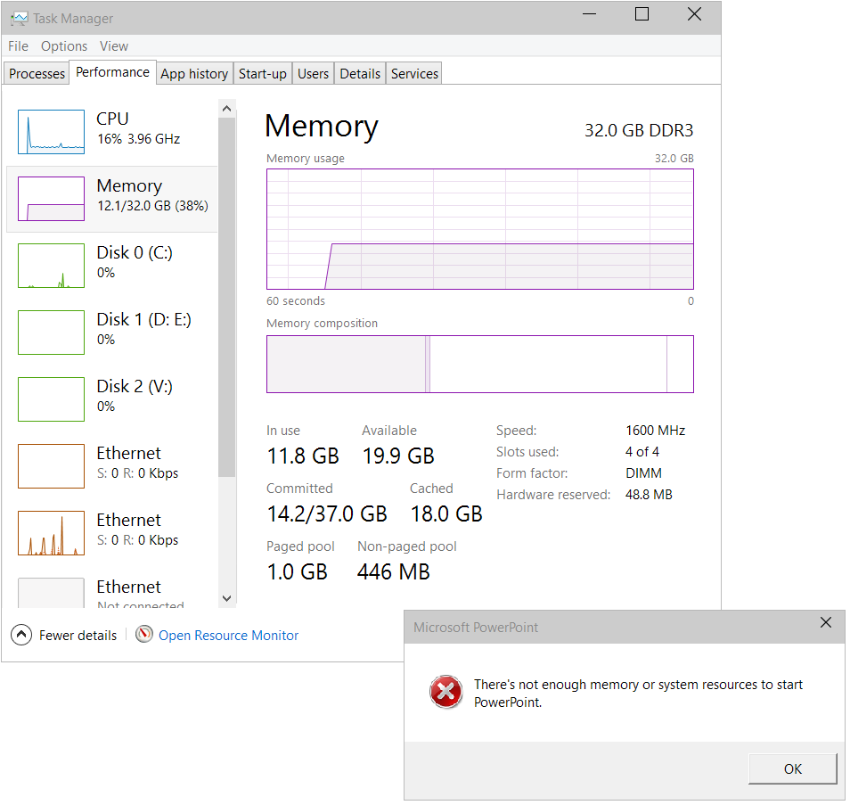 Insufficient memory or system resources
